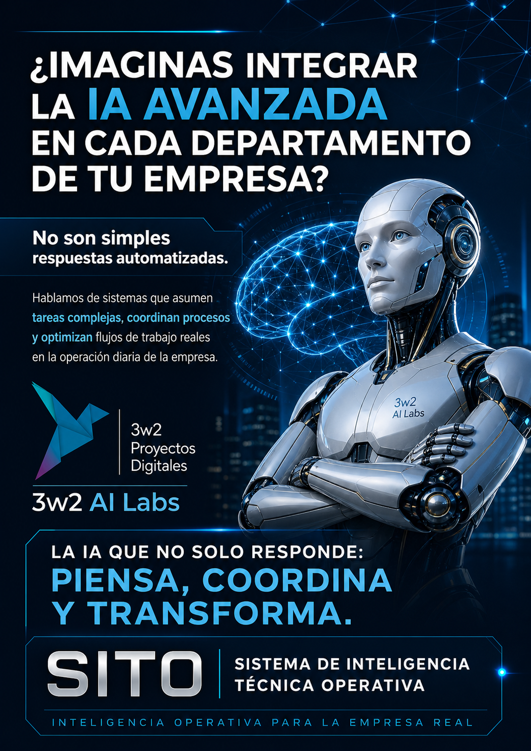 Cartel de 3w2 AI Labs sobre IA avanzada en empresas.